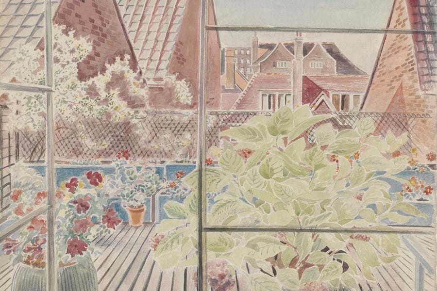 'Roof Gardens, Kensington', watercolour on paper, signed by Guy Malet, painted in about 1940. 