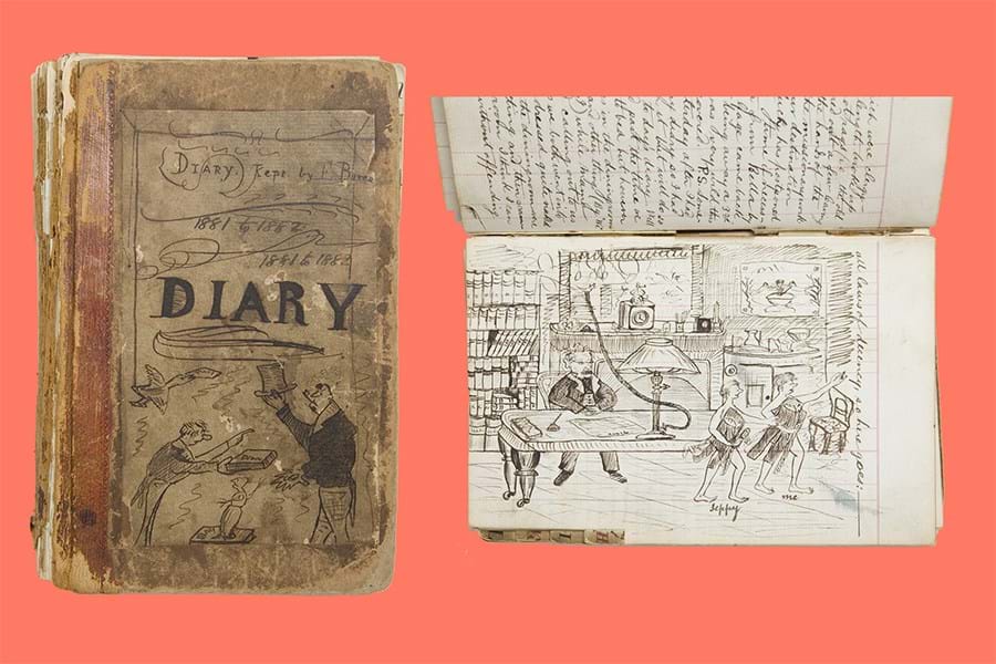 Old diary with illustrations and writing 