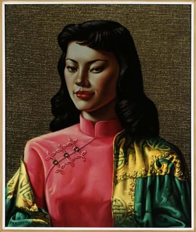 A print of a woman wearing a high-necked pink dress