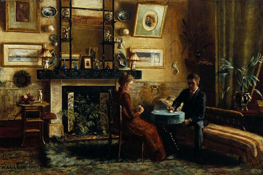 Painting of two people playing cards at a table, next to a fireplace with an elaborate mantelpiece