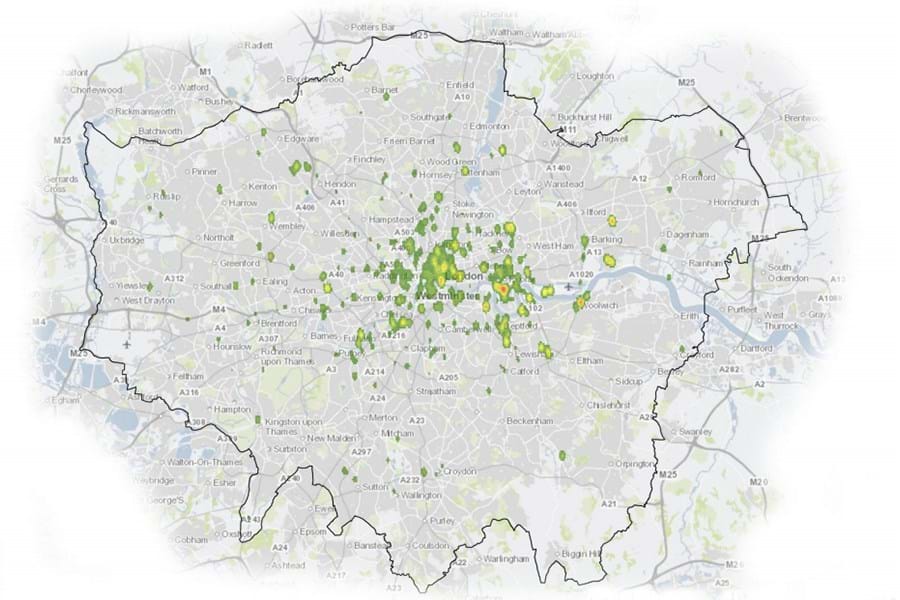 Map of Greater London showing hot spots of green roofs
