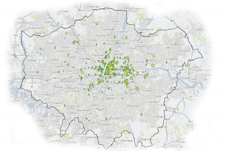 Map of Greater London showing hot spots of green roofs