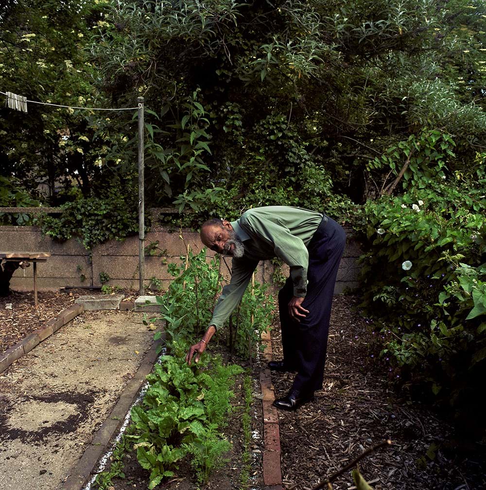 An adult in a green shirt and black trousers leaning over to point at plants in a garden