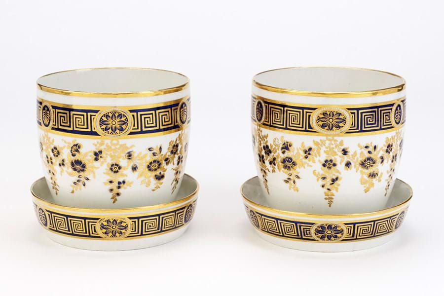 Gilded Worcester porcelain flowerpots