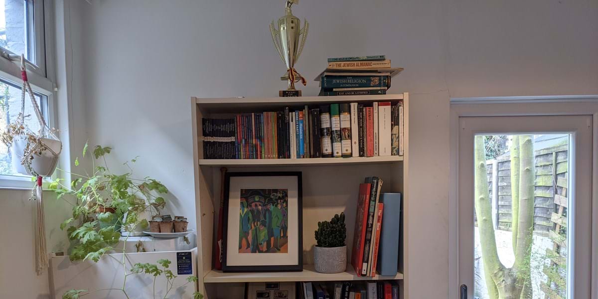 A large white bookcase filled with books and ornaments, including a trophy and plants