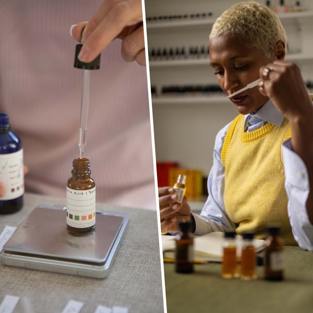 A person smelling scents with a pipette to make perfume