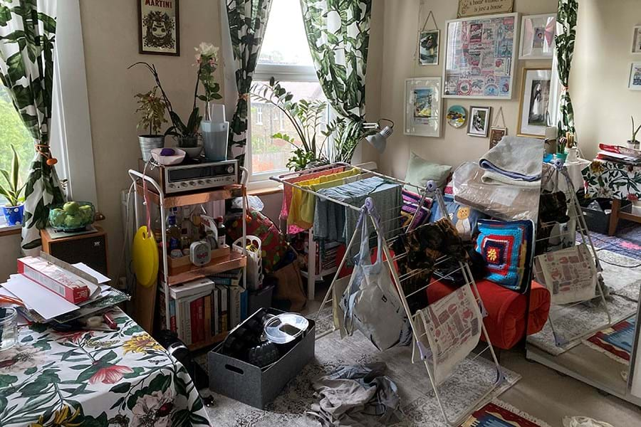 Laundry on a washing rack in the middle of a room with various bits of furniture and plants