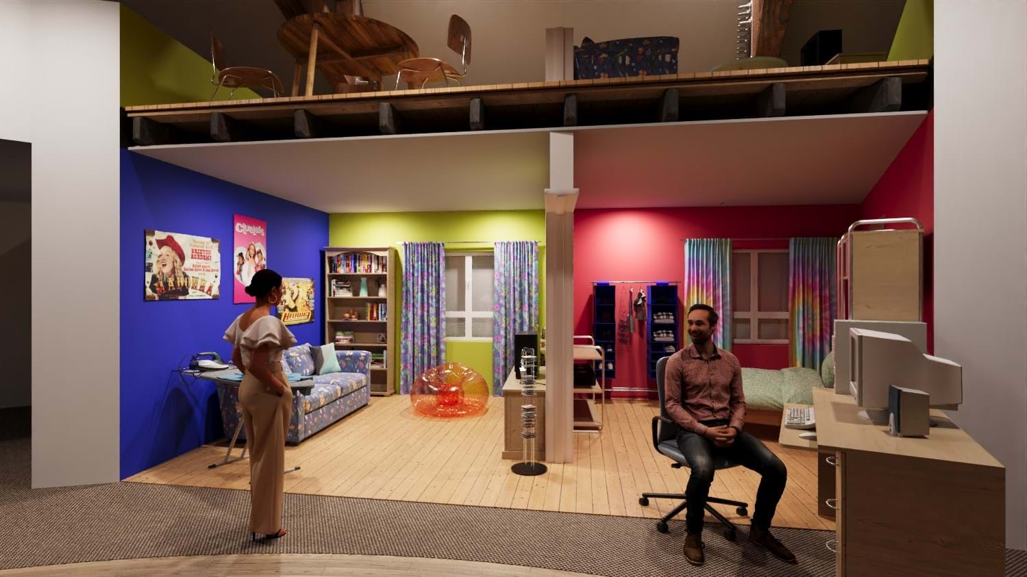 A digital mockup of two noughties era room sets with bright pink, blue, and yellow painted walls, beds, bookshelves and posters on the wall.