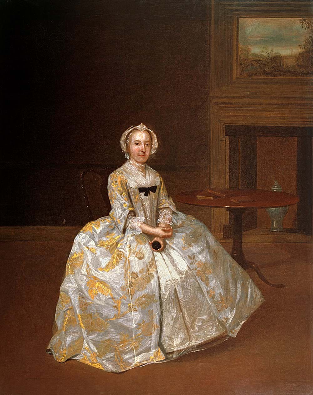 A painted portrait of a person in an elaborate Georgian dress