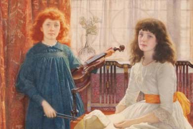 A painting of two children, one standing wearing a blue dress holding a violin, the other sitting wearing a white dress