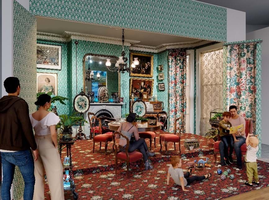 A room set mockup with people standing and sitting at the entrance to a colourful 1870s room