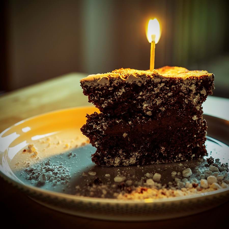A slice of brown cake with a lit candle stuck into the top