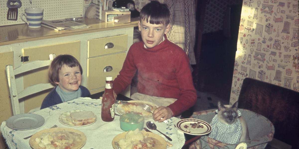 Two children and a cat sat at a dining room table