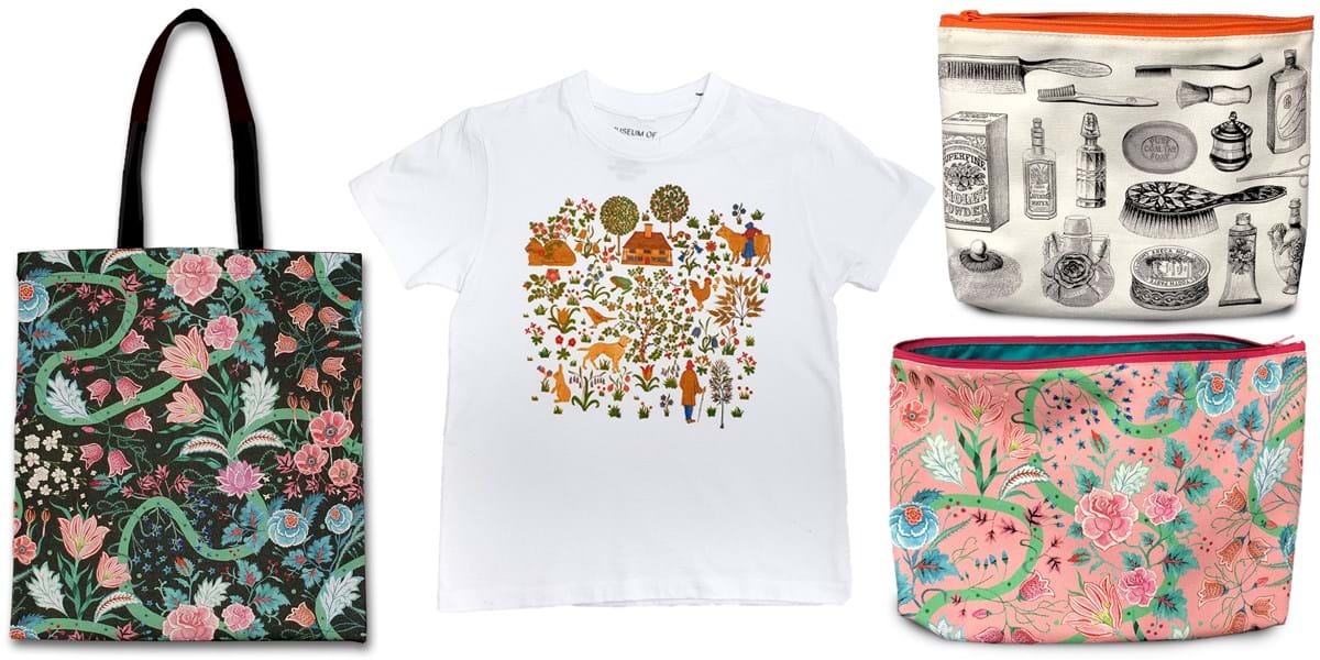 A bag, tshirt and two washbags all decorated with different patterns 