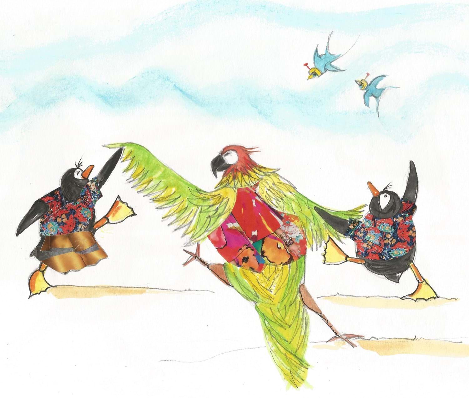 A parrot dances with two penguins