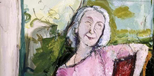 Painting of a person with grey hair wearing a pink dress