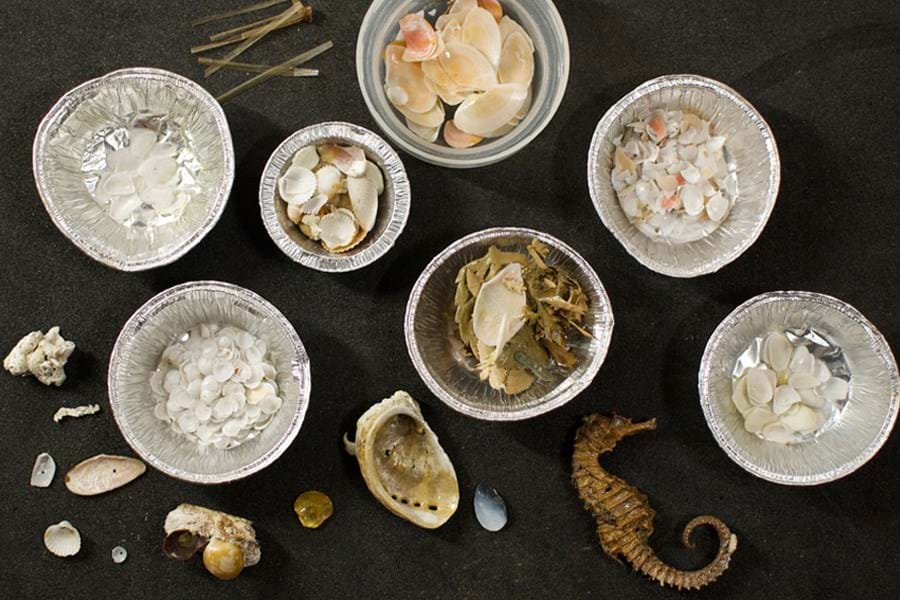 Loose parts from the ornament separated into silver pots on a black background