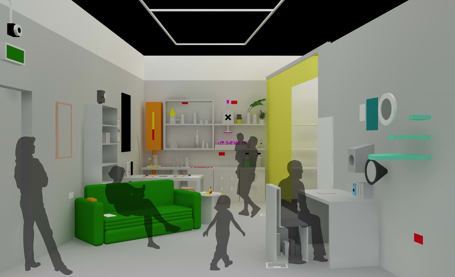 A digital rendering and visualisation of the Future room, featuring figures in a modern minimalistic room with a green sofa and technology on the walls