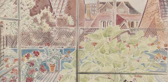 'Roof Gardens, Kensington', watercolour on paper, signed by Guy Malet, painted in about 1940. 