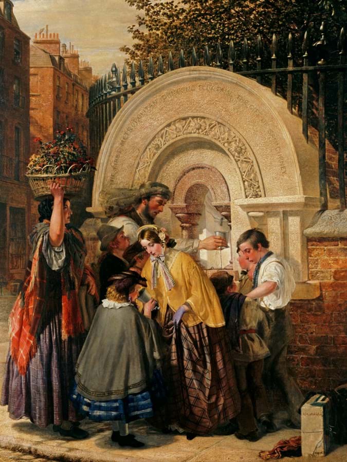 Oil painting of people gathered around a public drinking fountain