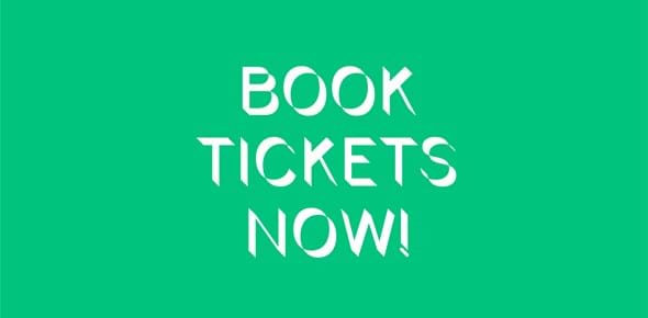 Green background with Book tickets now in Museum font
