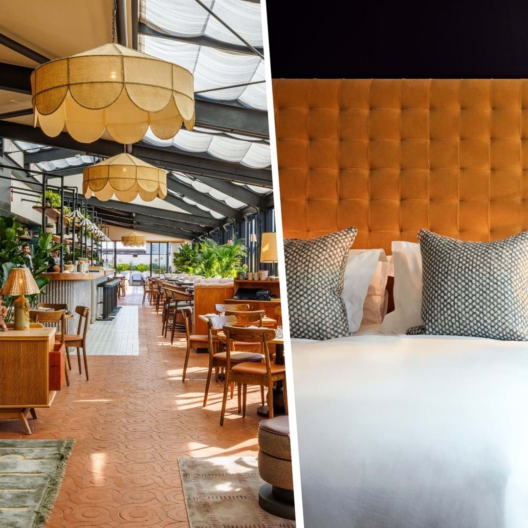 A rooftop bar with people dining and a hotel room and bed 