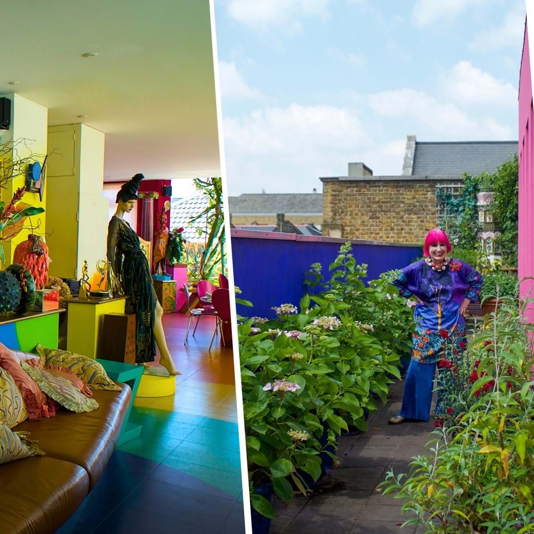 Dame Zandra Rhodes posing in a lush garden outdoors, and a rainbow decorated studio space