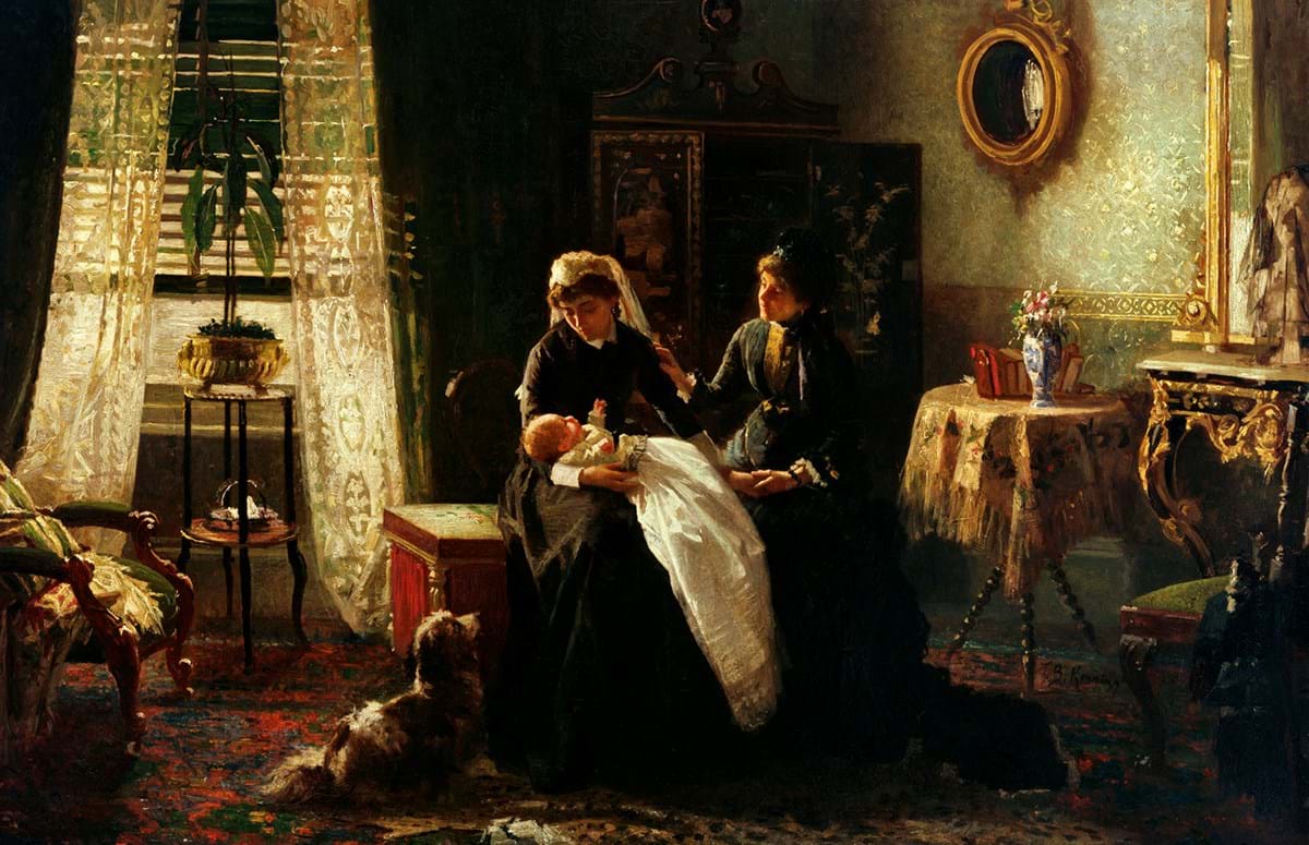 Oil painting of two adults in a darkened room, one holding a baby