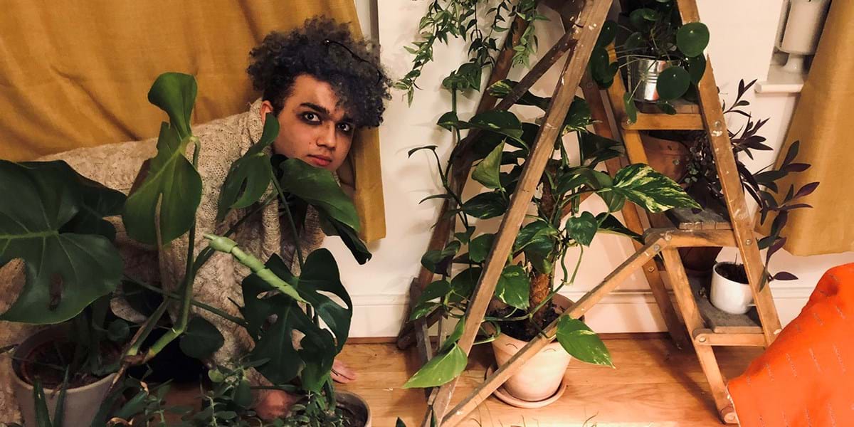 Person crouching on the floor surrounded by plants 
