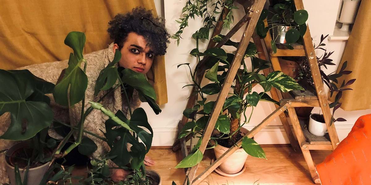 Person crouching on the floor surrounded by plants 