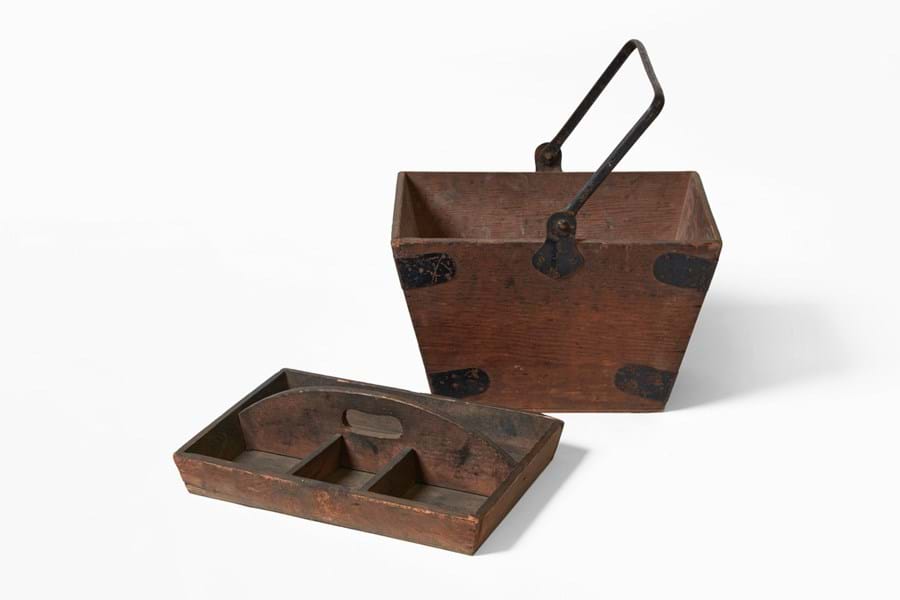 Wooden box with metal handle and wooden insert