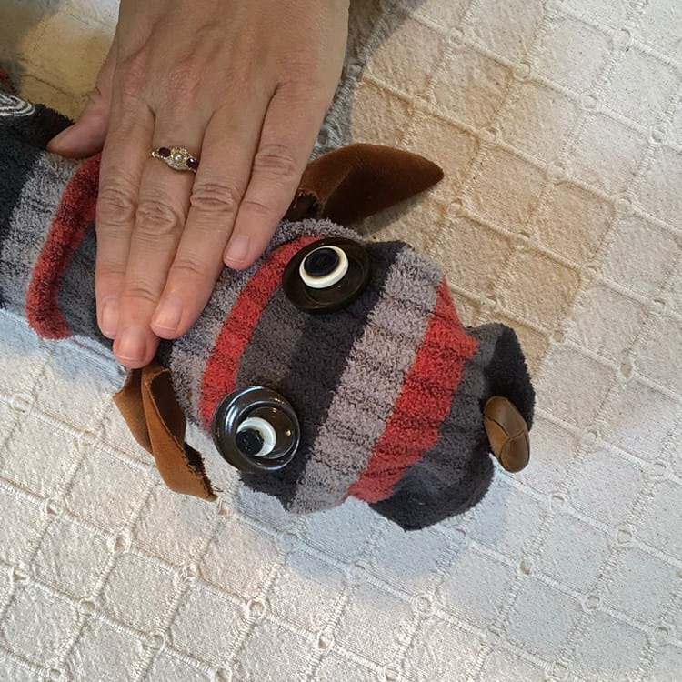 Dog puppet made from a stripey sock with buttons for eyes 