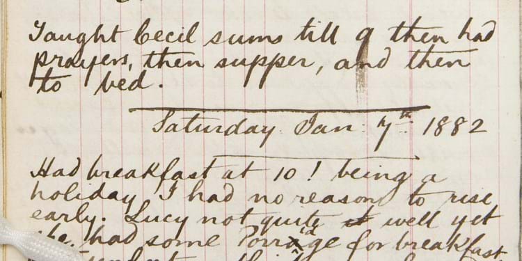 Diary of Ernest Baker, age 14, son of the chaplain of the Geffrye Almshouses. Handwritten with line illustrations in ink.  