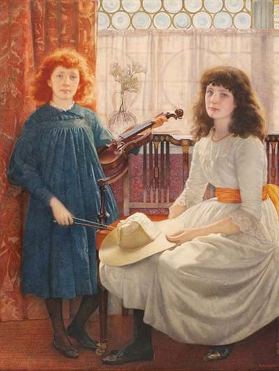A painting of two people, one holding a stringed instrument
