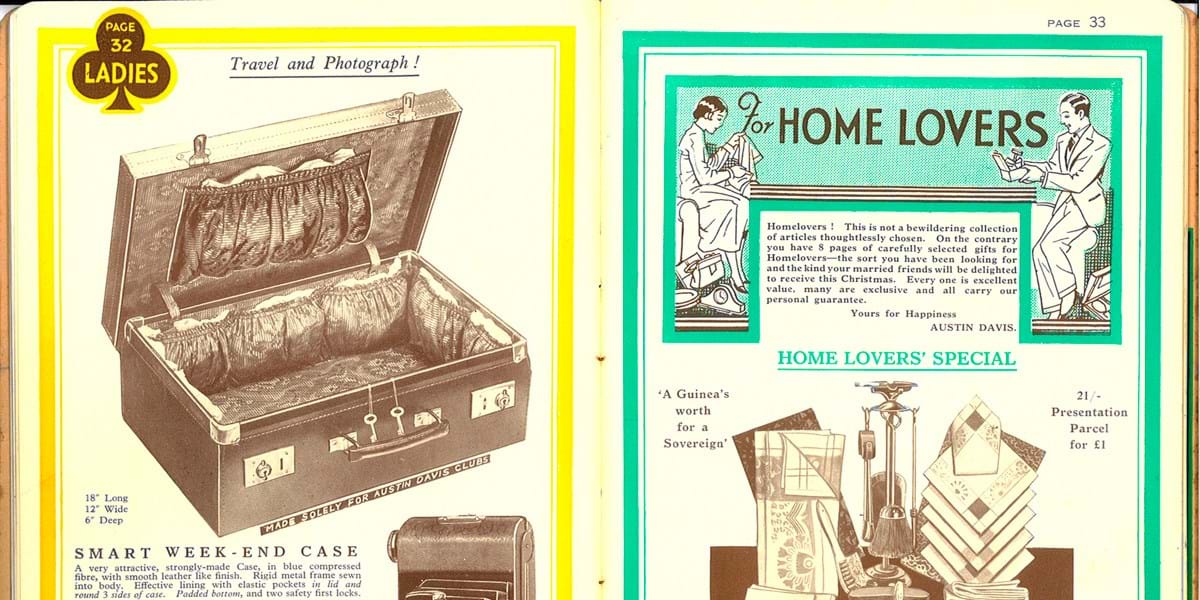 Pages of a 1930s catalogue showing a suitcase for sale