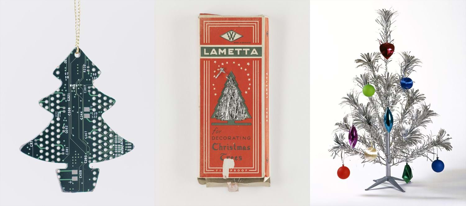 Left: Christmas Decoration, 2009, Object number 57/2010 ; Centre: 'Lametta for Decorating Christmas Trees' cardboard box, c.1930-1940, Object number 75/2010 ; Right: Silver Pine' aluminium Christmas tree, c.1960-70. Object number 35/1997