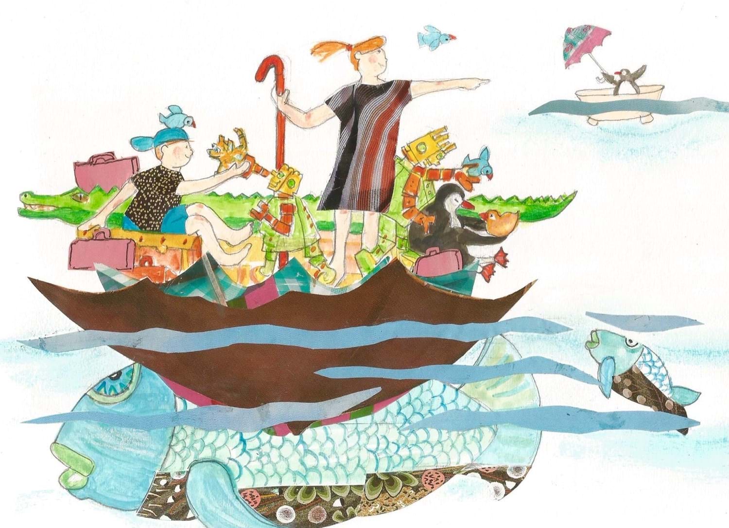 Illustration of people and animals on a journey on a boat