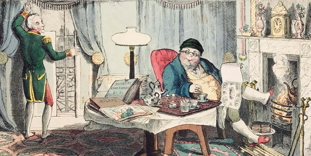 Historic illustration of two people. One is sat by the fire with their foot on the grate, the other is stood at the windows opening the curtains