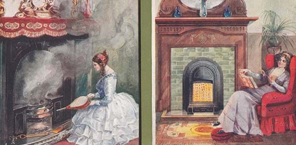 Illustrations of a person lighting a fire and using an electric fire