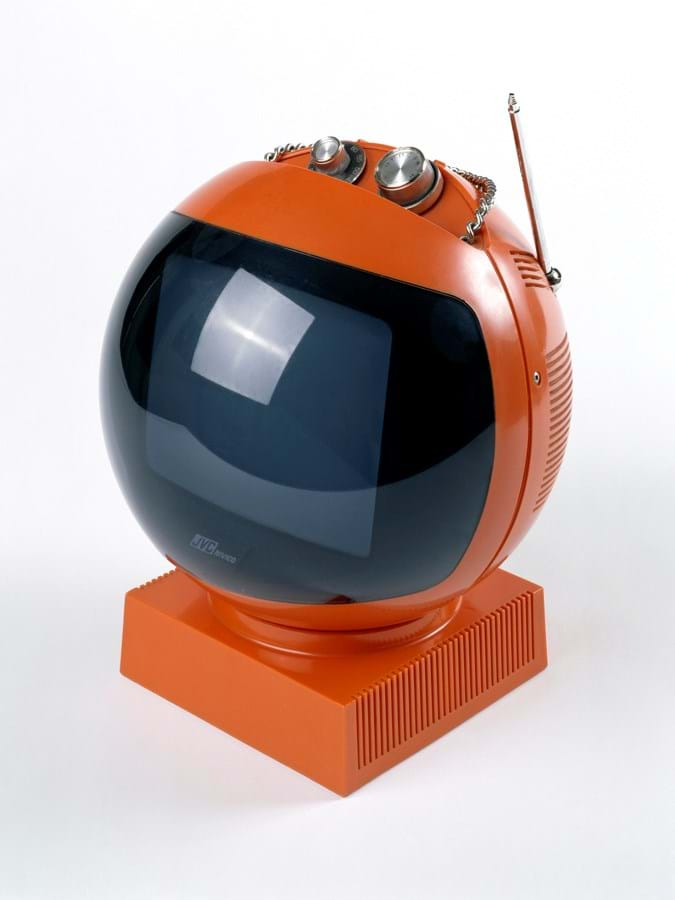 Bright orange circular plastic television set