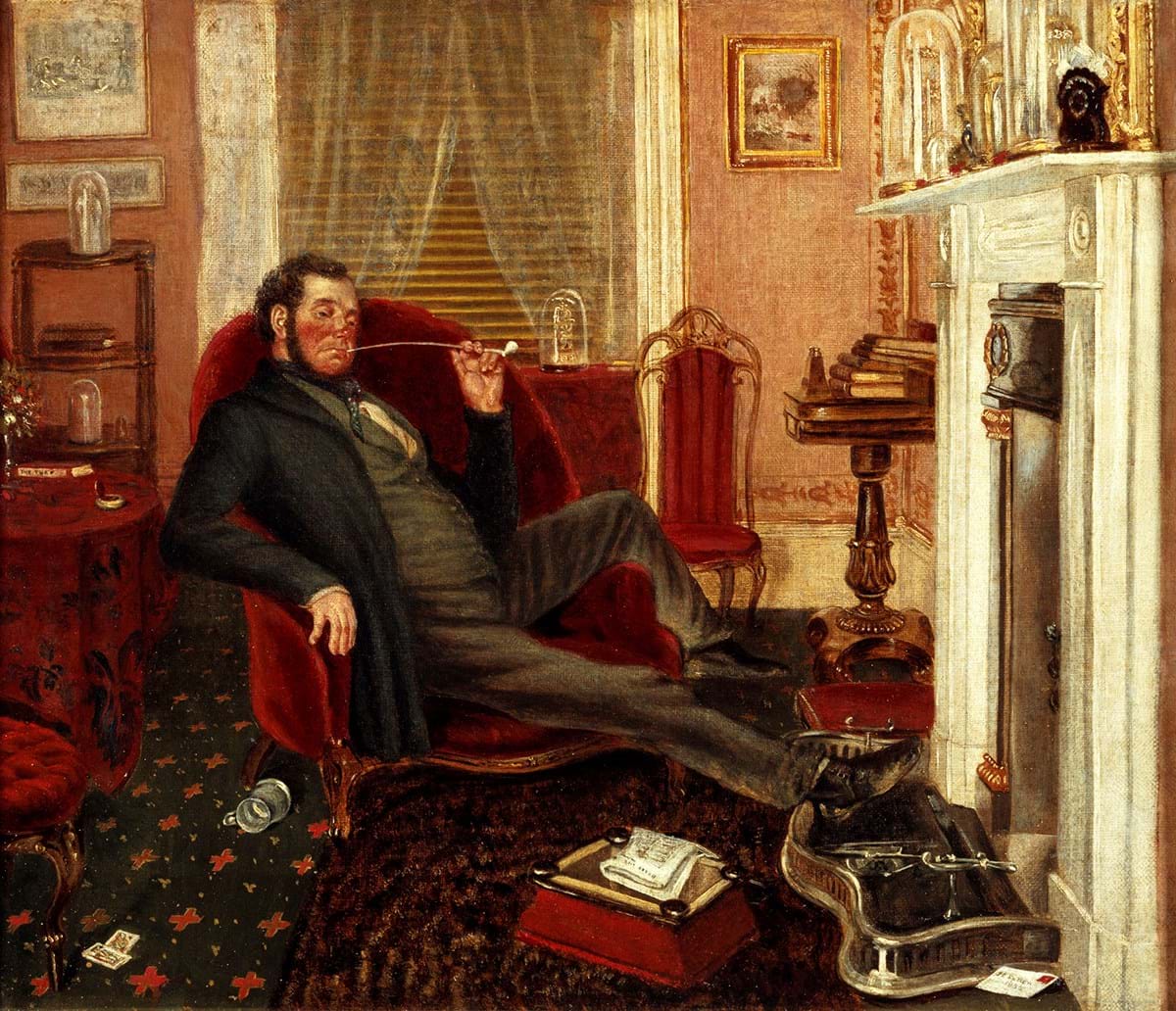 Painting of a person reclining on a chair smoking a pipe in front of a fireplace