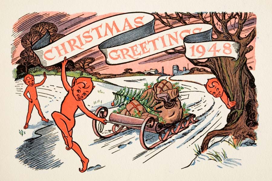 Christmas card depicting red imps pulling a wagon of gifts