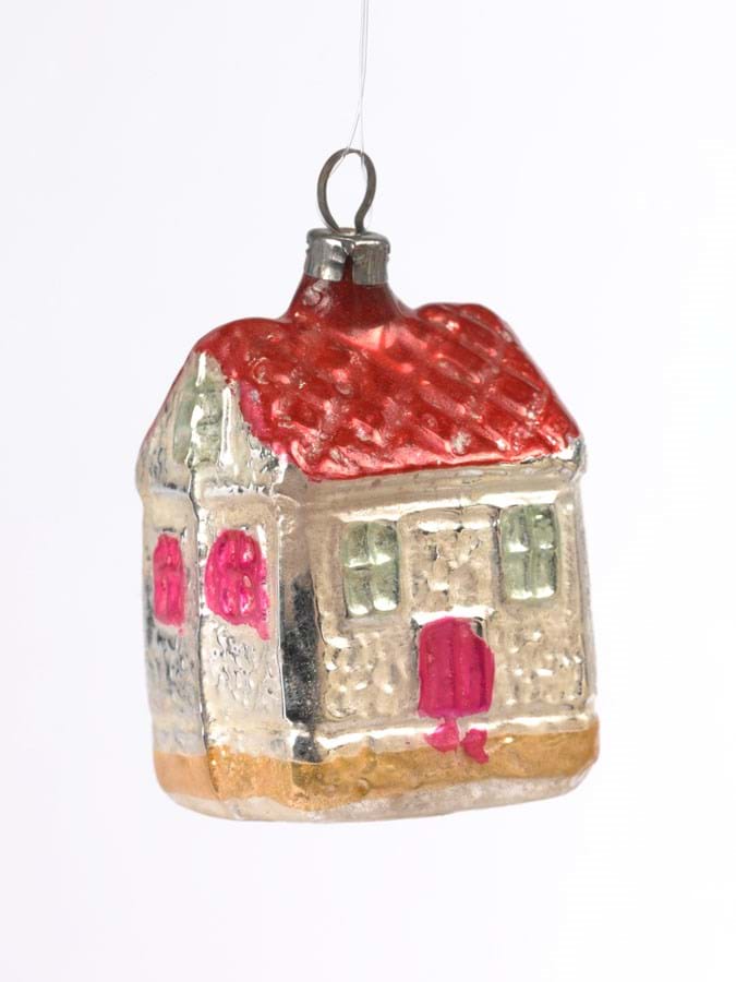 Silver Christmas tree bauble in the shape of a house