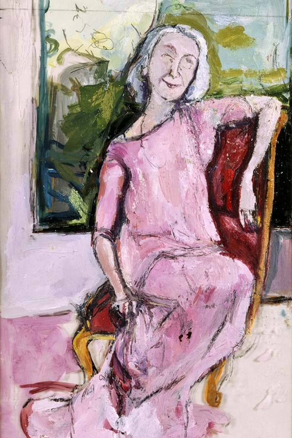 Painting of a person with grey hair wearing a pink dress