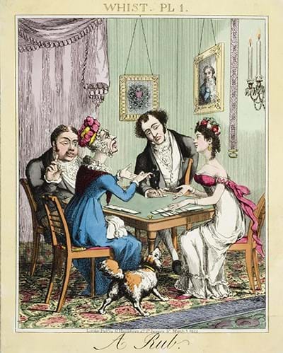 An illustration of a group of people playing cards