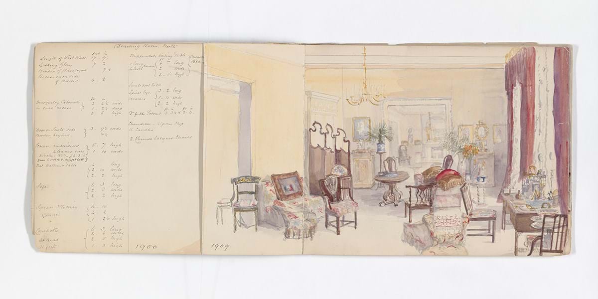 Pages from a sketchbook showing drawings of the interior of a home