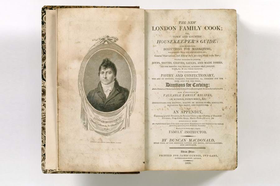 A recipe book open to the first page, offering recipes for the London Family Cook.