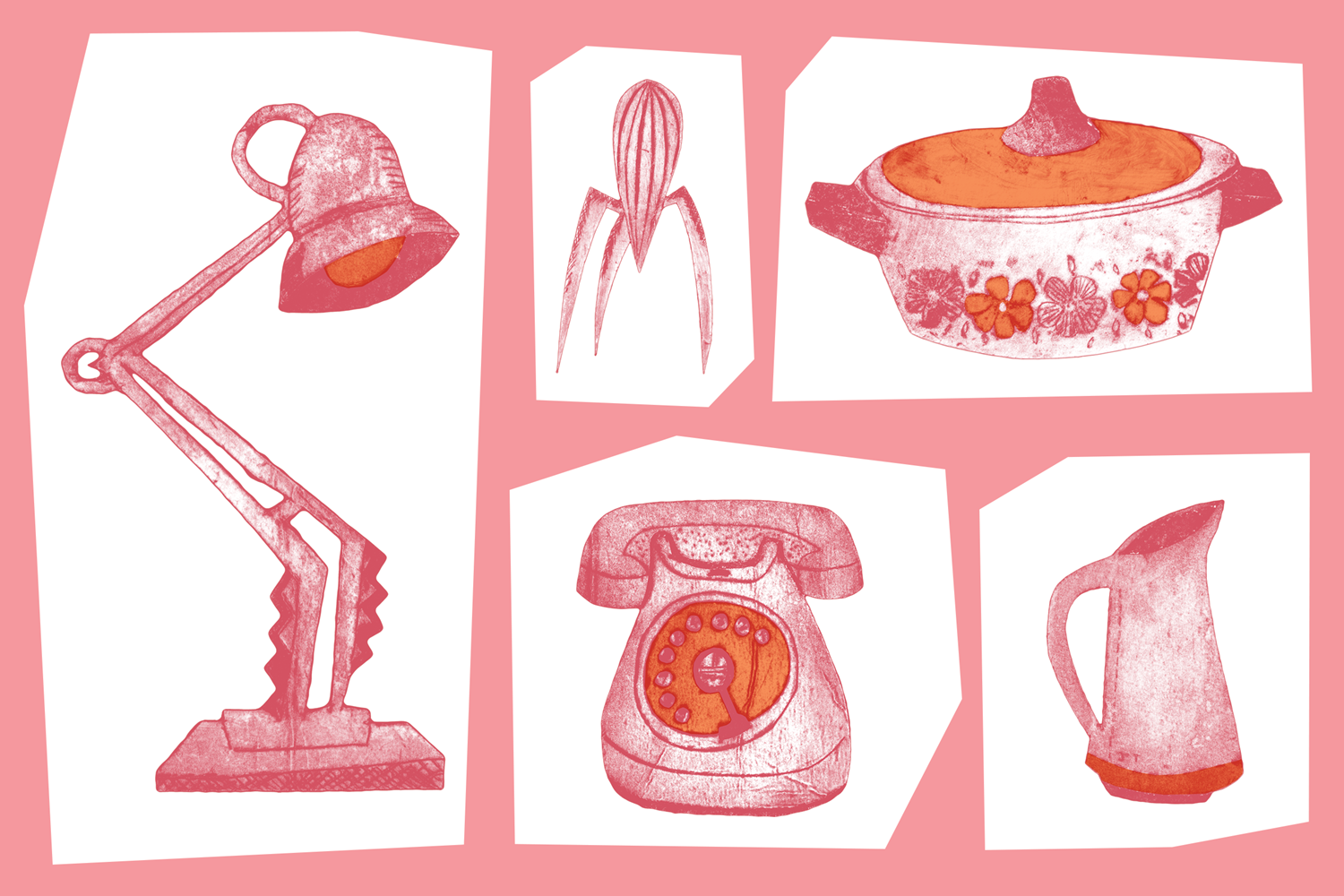 An illustration with a pink background, warm orange features, and white angular shapes. Within the shapes are illustrated objects including a lemon juicer, table lamp and vintage telephone