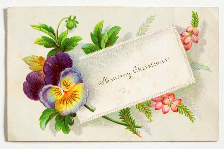 A Christmas card decorated with floral illustrations