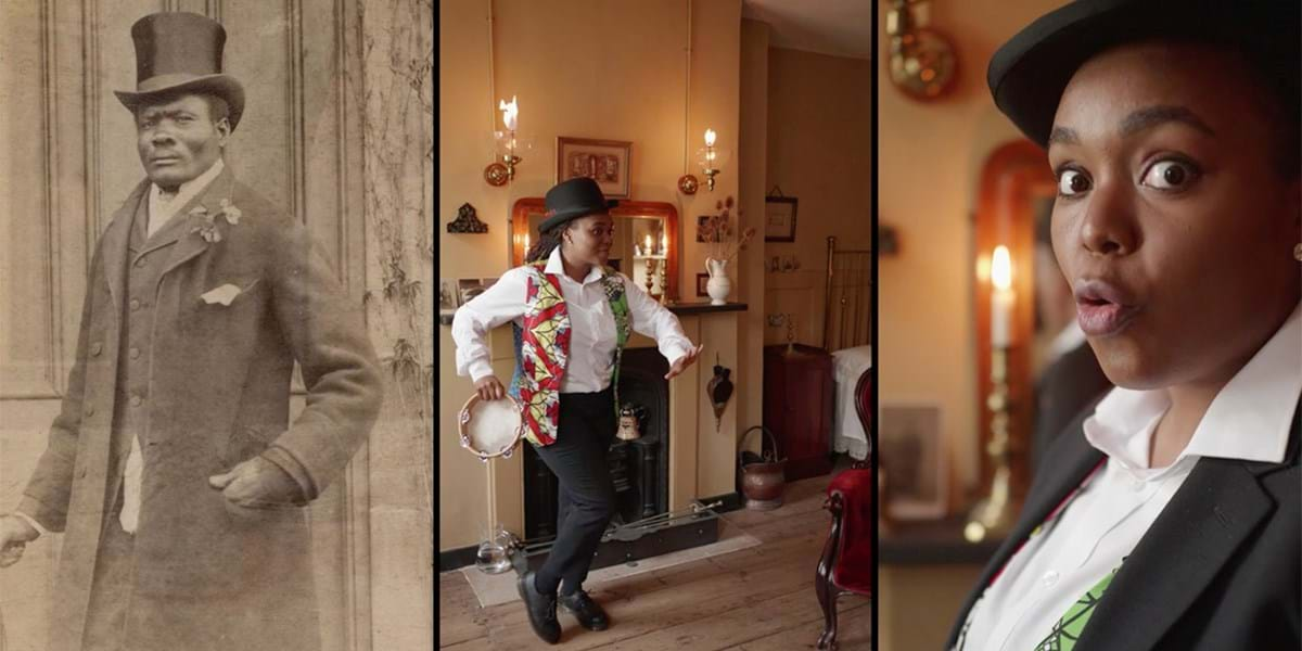 Triptych: black and white photo of a person in a top hat, two colour photos of someone dancing and playing the tambourine